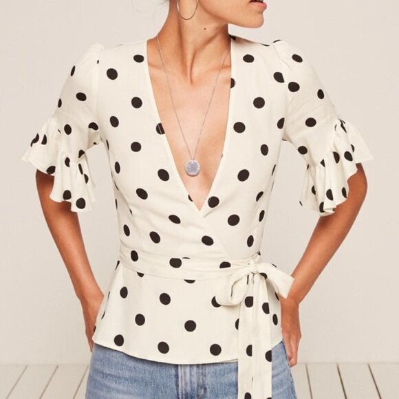 Reformation Opal Polka Dot Wrap Blouse Size XS - Picture 1 of 9